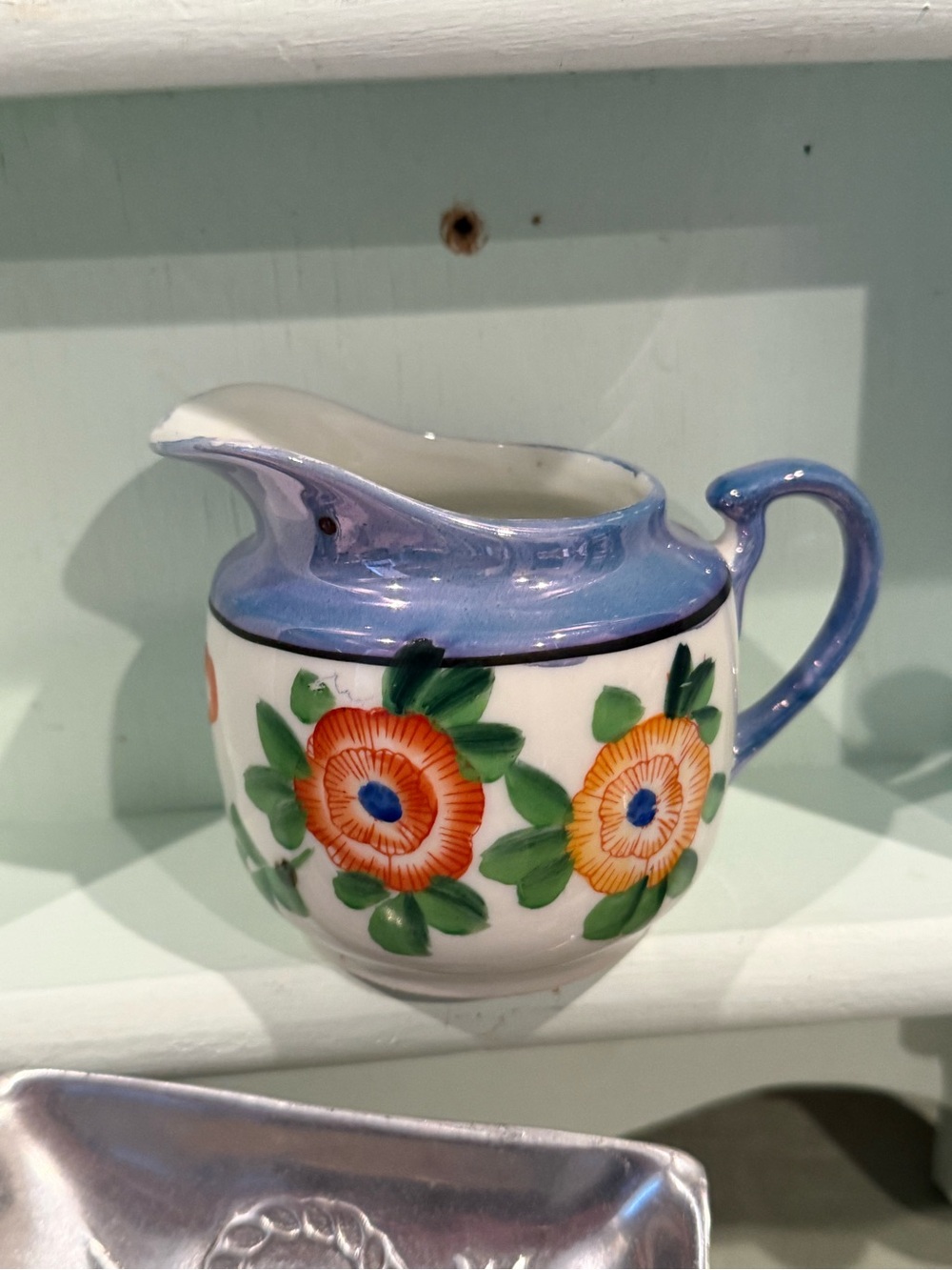 Hand-Painted Floral Ceramic Creamer Jug in Blue and Orange